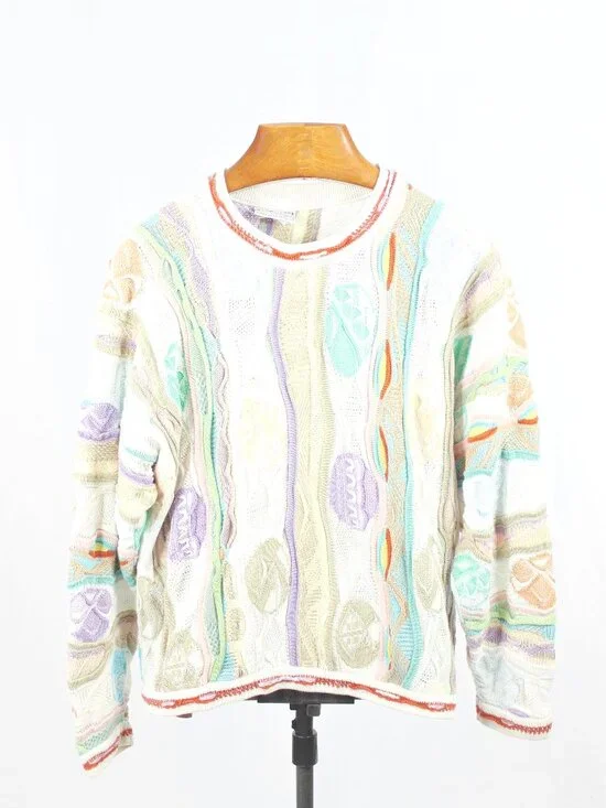 Vintage 90's COOGI White Pastel Easter Egg Cotton Knit Sweater, Size S - Picture 1 of 11